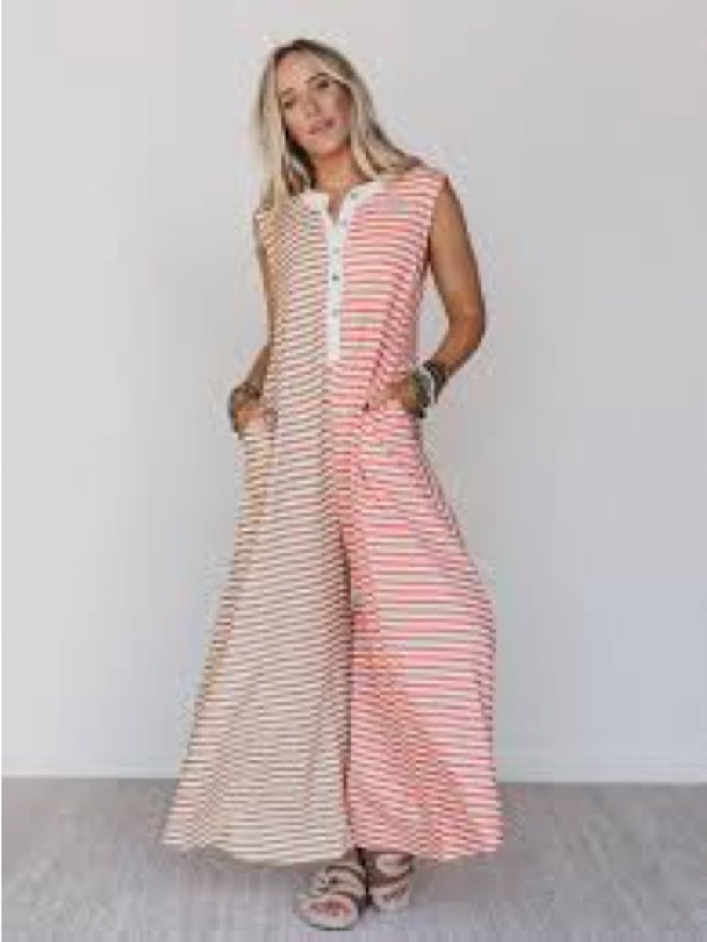 Striped Split-Panel Sleeveless Jumpsuit - Pink, Cream & Brown LG